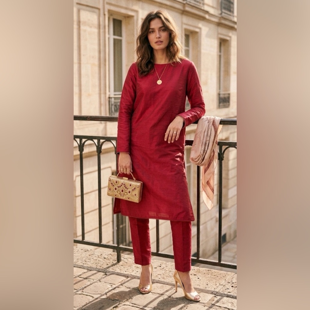 Pakistani Custom Size S Rich Crimson Raw Silk 2-Piece Suit – Minimalist & Chic